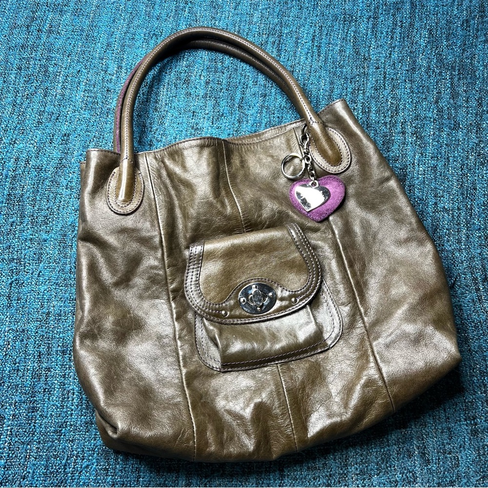 Sofia C Italian Leather Tote Shoulder Bag Brown Heart Charm Large Buttery Soft